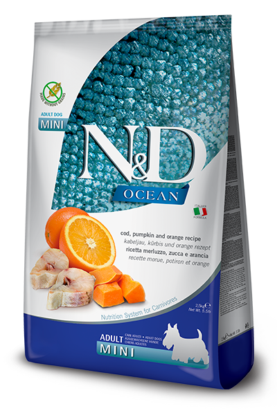 Farmina N&D Ocean Canine - Merluzzo, zucca, arancia - Crocchette Cane Adulto - Taglia Piccola