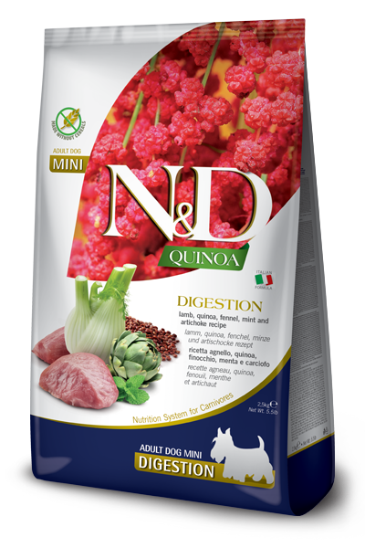 Farmina N&D Digestion Mini - Crocchette Cane Adulto - Taglia Piccola - Agnello, quinoa, finocchio, menta e carciofo