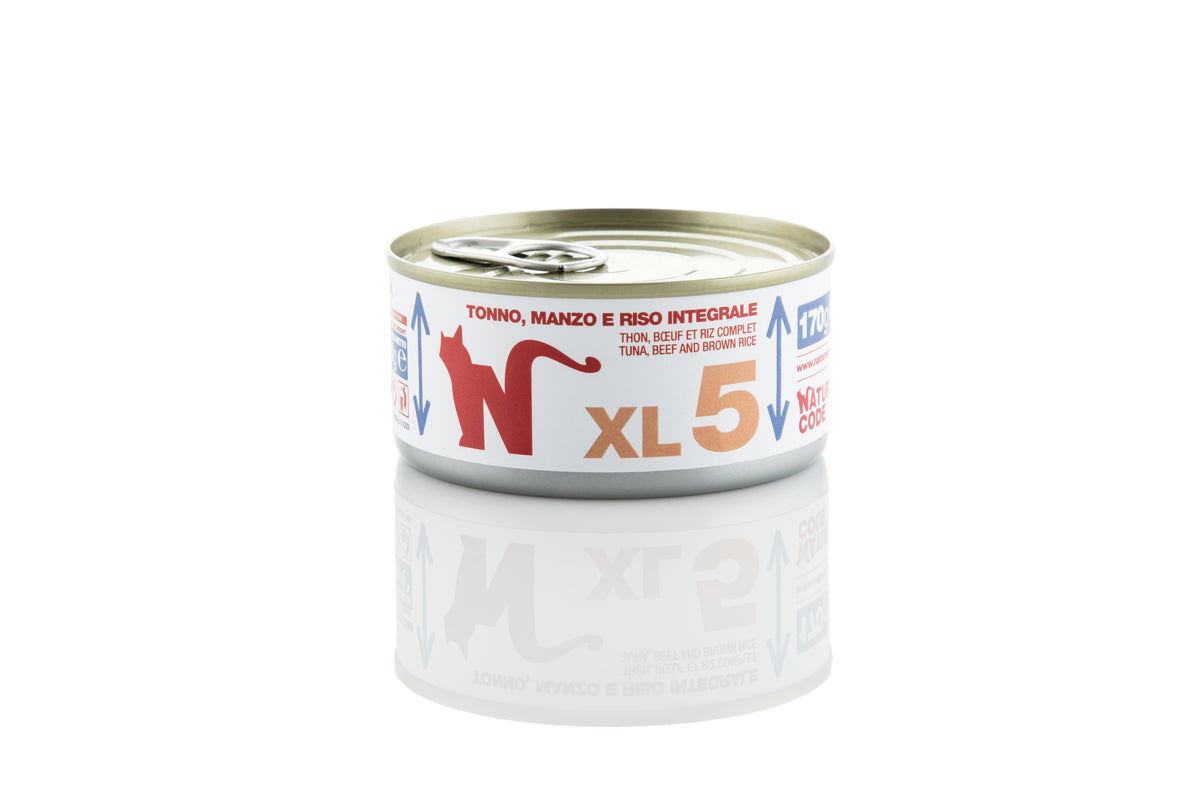 Natural Code - Umido Gatto - Tonno, Manzo e Riso Int.le XL5 - Acqua di Cottura - Lattina 170g