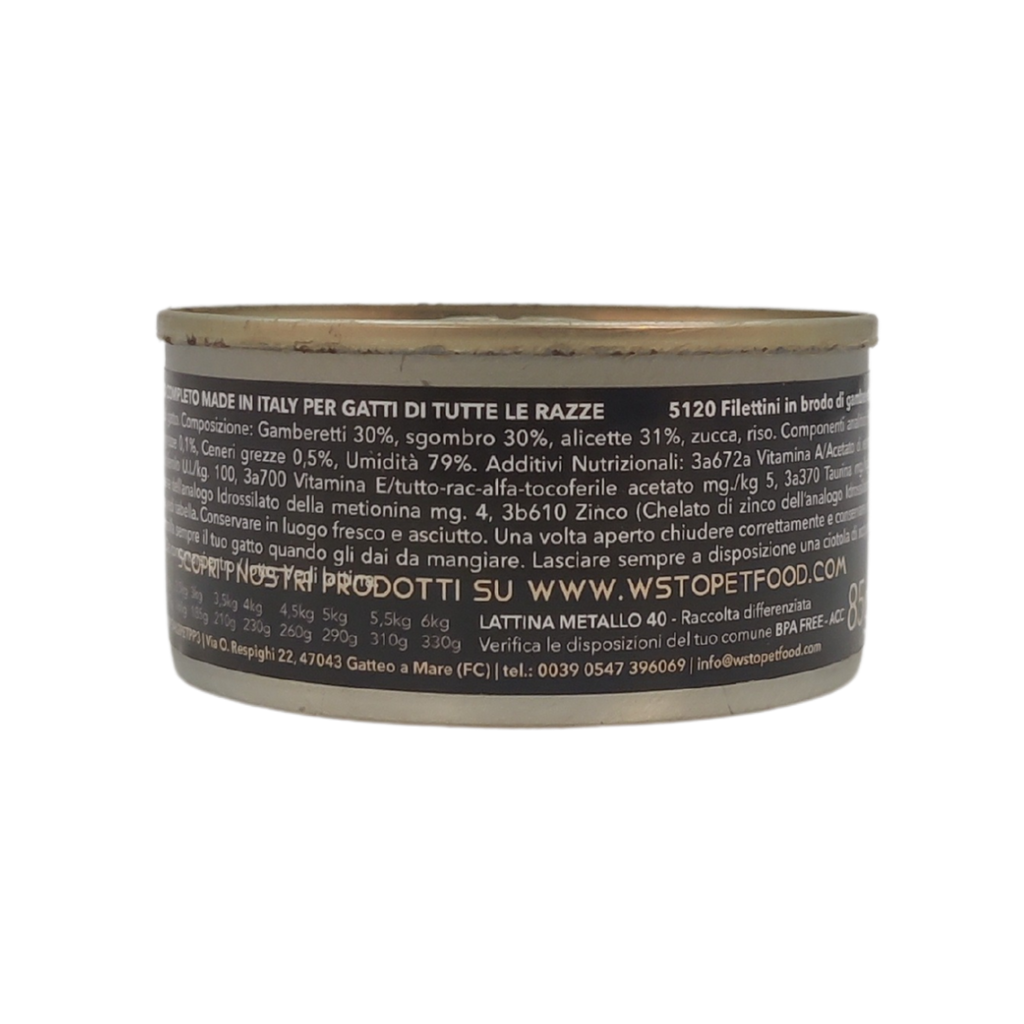 Gamberetti e Sgombro - Filettini in brodo natural - Cotti al vapore - 91% Pesce - 85 g