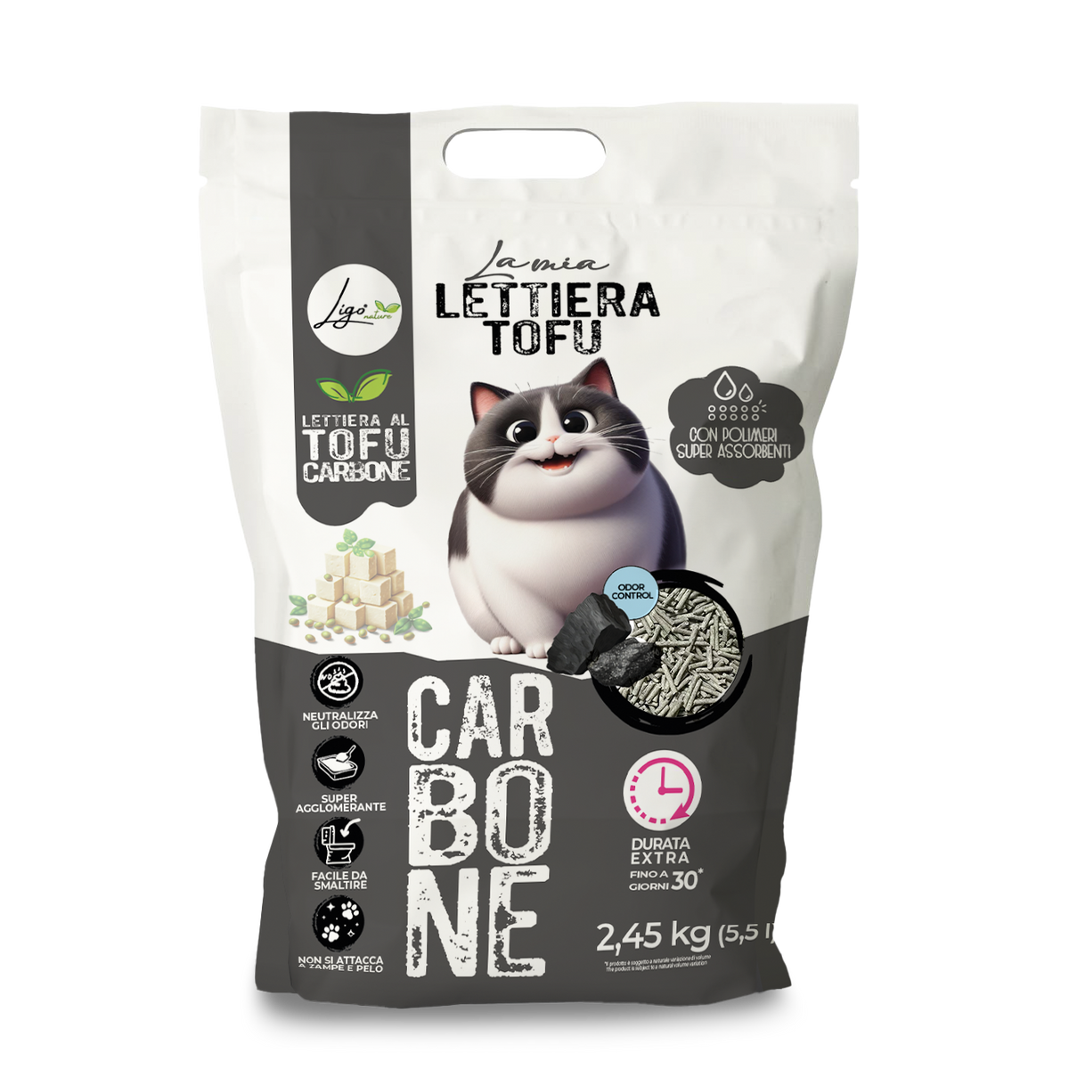 Lettiera per gatti - Tofu con carbone attivo - 5,5L - 2,45Kg - Ligo Nature