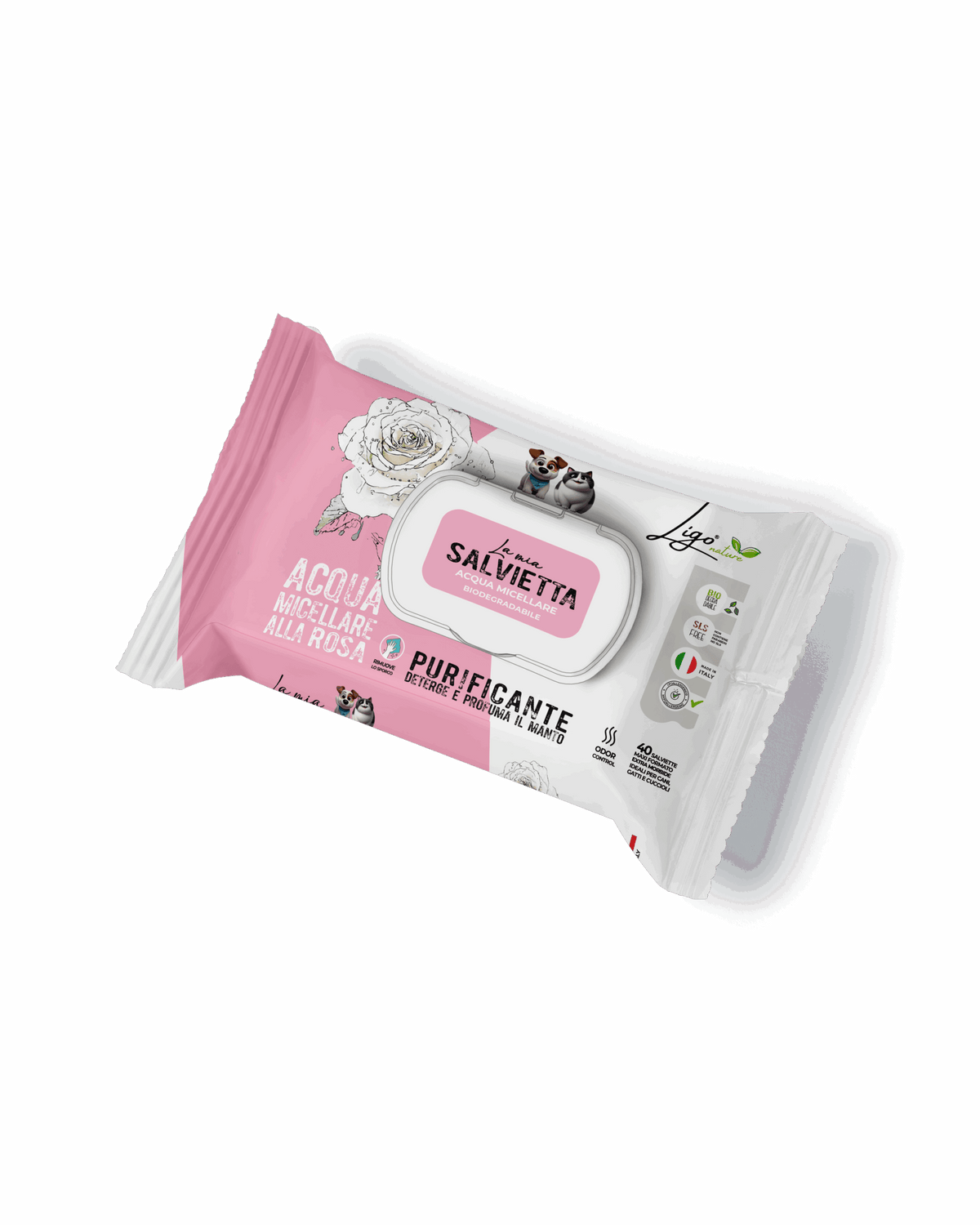 Ligo Nature - Salvietta purificante rosa micellare - per cane e gatto - 40 pz