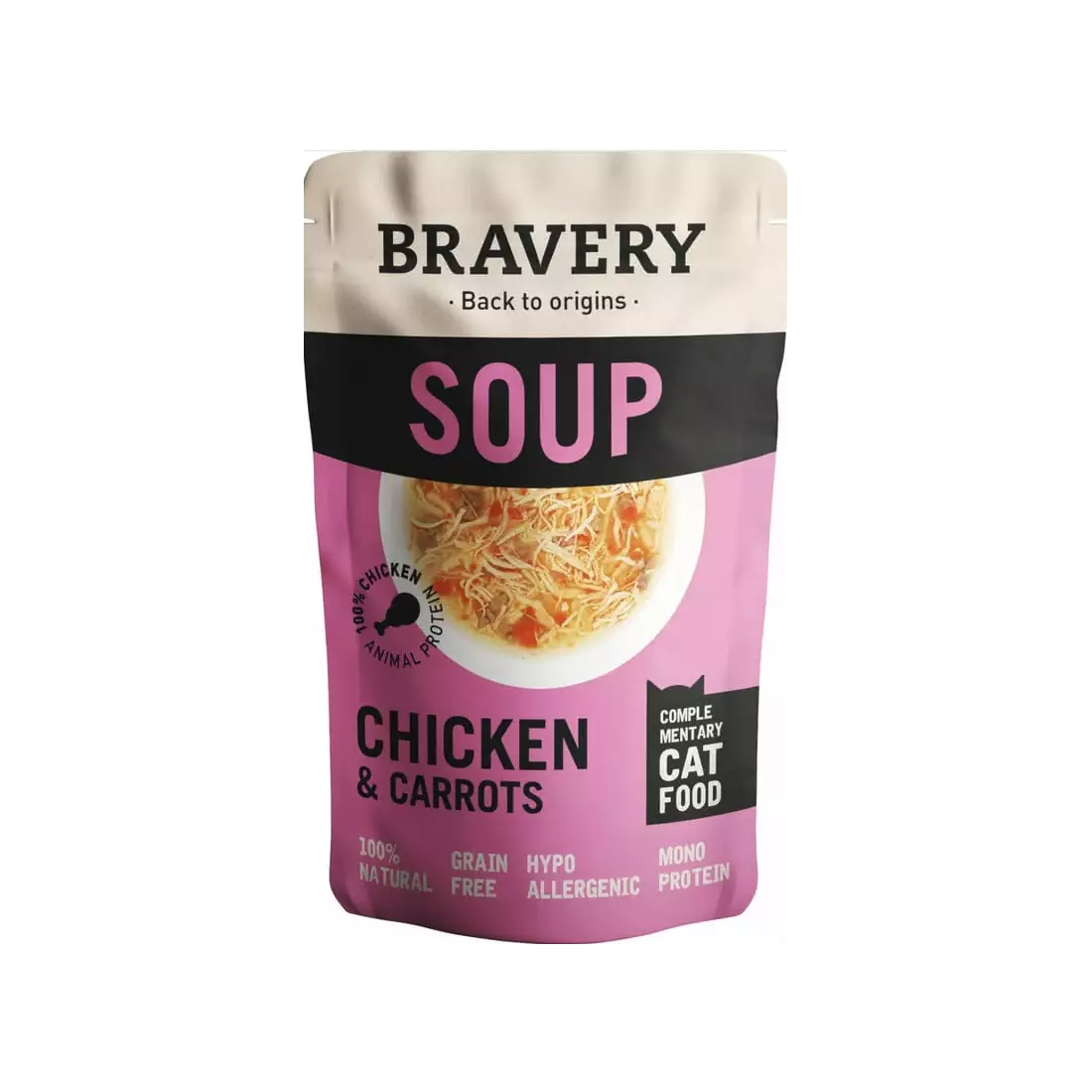 Zuppa di pollo e carote - Alimento completo per Gatti Adulti - 40 g - Bravery