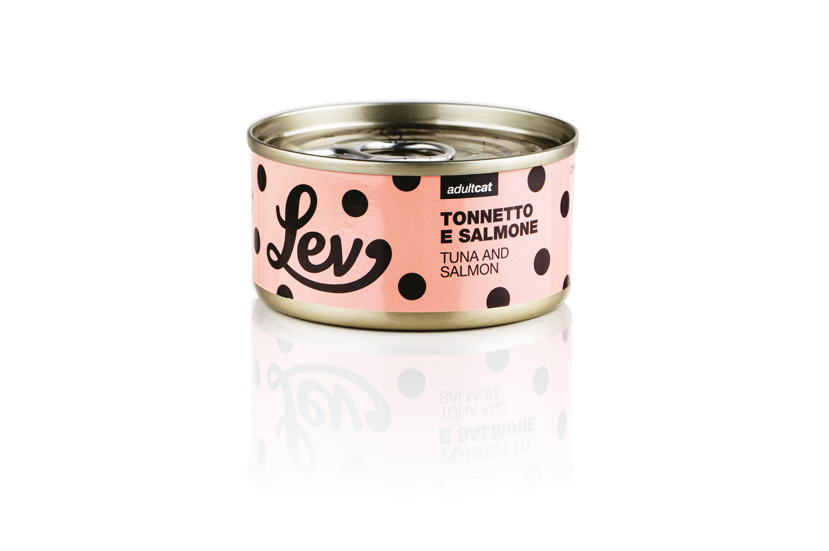 Lev - Umido Gatto - Tonnetto e Salmone - Acqua di cottura - Lattina 70g