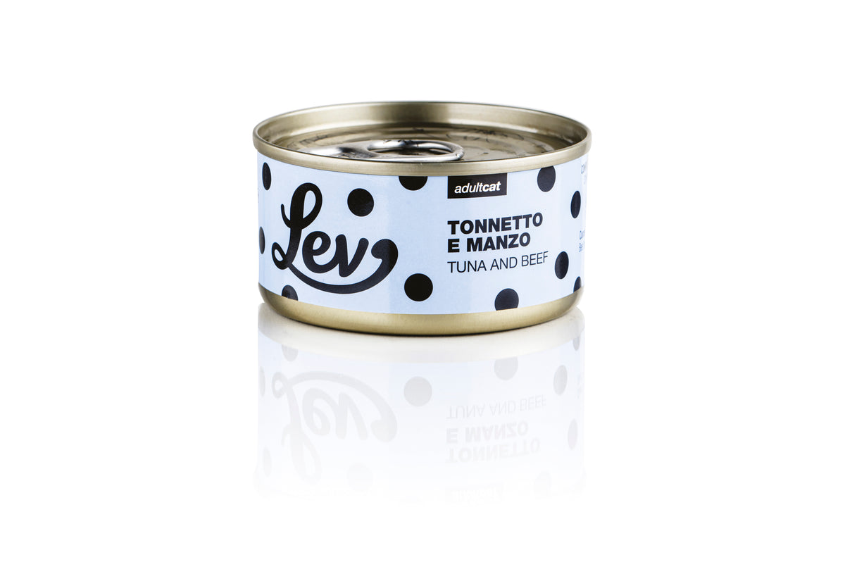 Lev - Umido Gatto - Tonnetto e Manzo - Acqua di cottura - Lattina 70g